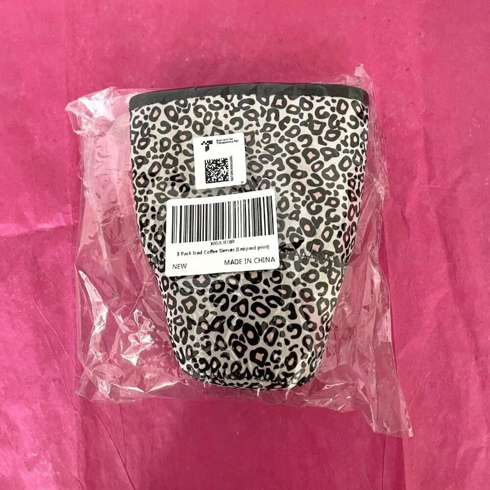 3 Pack Reusable Iced Coffee Sleeves Black Leopard-print